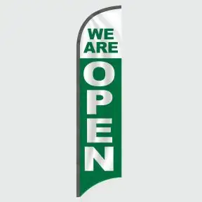 We Are Open Green Feather Flag